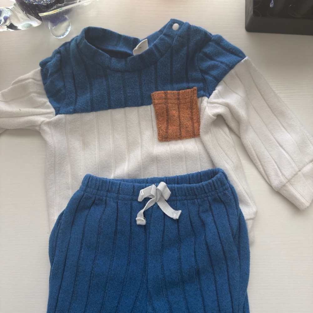 SHEIN Blue, White & Brown Ribbed Knit Top and Pants Set